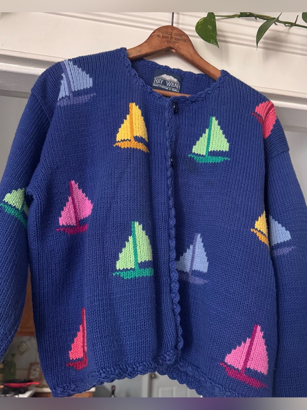 Rey Wear Blue Cotton Cardigan Sweater Sailboats Nautical vintage as is size s/m